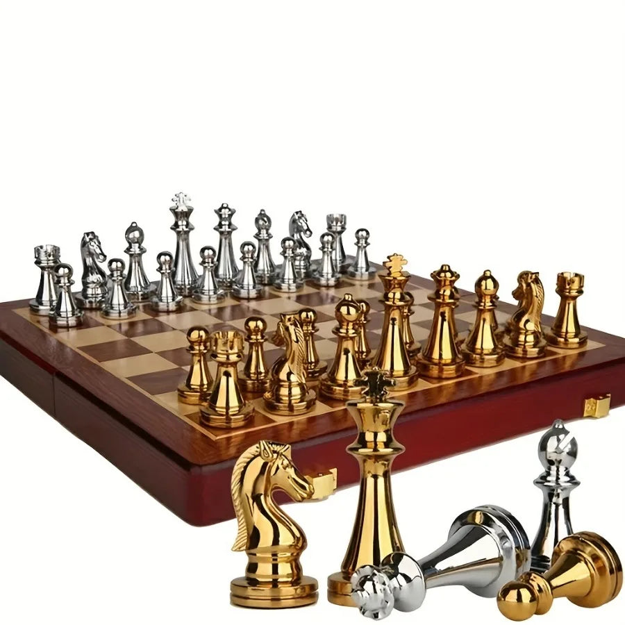 Coffret d'échecs 39 cm avec pièces en métal doré et argenté