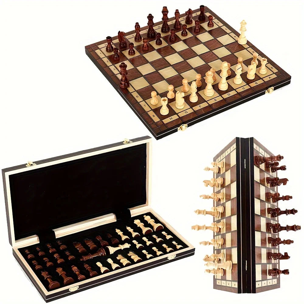 Grand échiquier pliant 44 cm présenté ouvert, fermé et en position de rangement