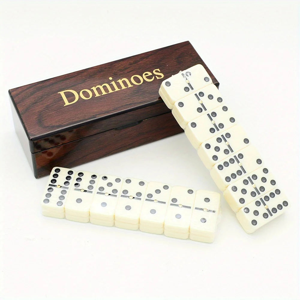 Jeu de 28 dominos double-six et son coffret aspect bois foncé