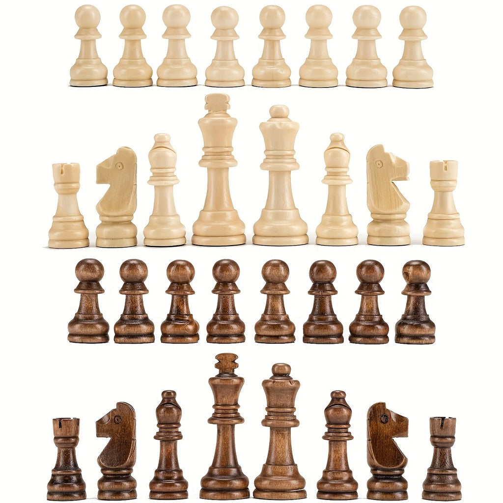Les 32 pièces d'échecs Staunton alignées par camp : rois, dames, fous, cavaliers, tours et pions
