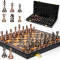 Jeu d'échecs laqué brillant 38 cm, pièces cuivrées et anthracite, coffret ouvert