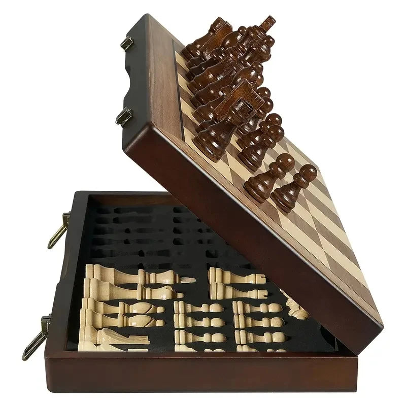 Jeu d'échecs pliant 39 cm à logements individuels, pièces rangées dans le coffret