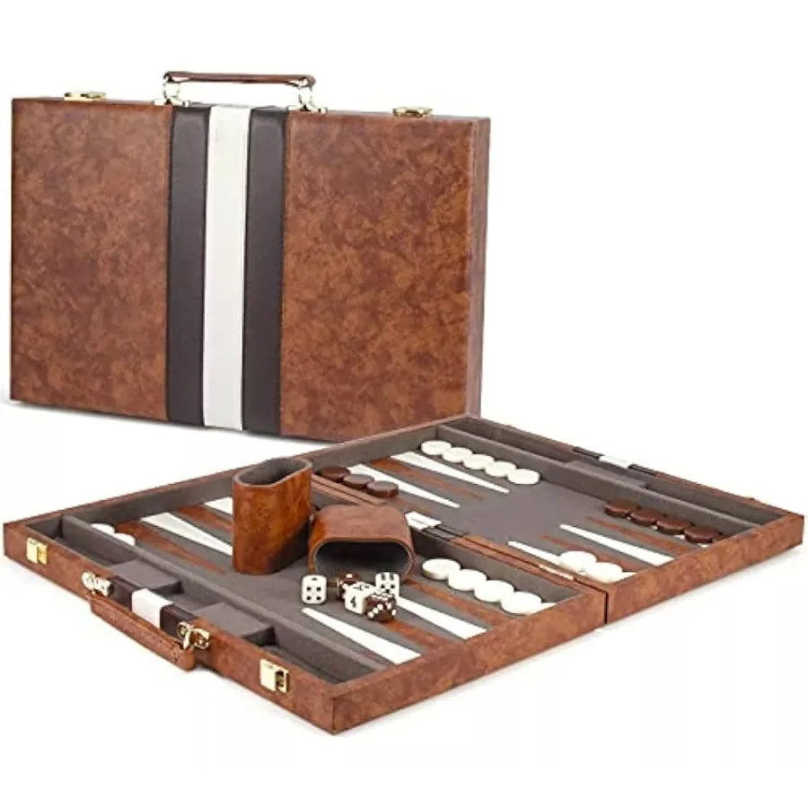 Mallette de backgammon à bandes brunes et blanches et plateau déplié