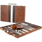 Mallette de backgammon à bandes brunes et blanches et plateau déplié