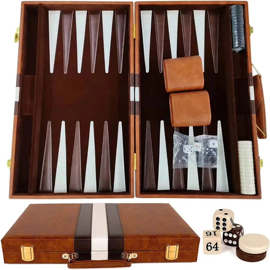 Plateau de backgammon ouvert avec pions, gobelets, dés et videau